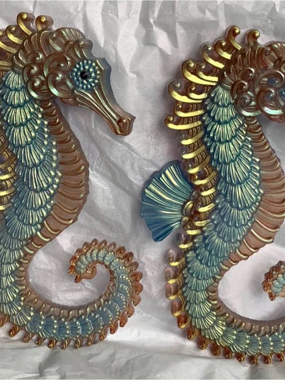 2 Iridescent Blue and Gold Seahorse Wall Decor - Home Accent